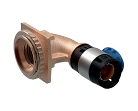 Geberit FlowFit 90° vinkelstykke i blyfri rødgods, 20mm x 1/2", monteret med blå låsering for nem installation.