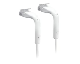 Ubiquiti UniFi patchkabel i hvid med afskærmede RJ45-stik i hver ende, viser kablets fleksible og ultra-tynde design.