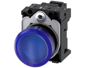 Siemens 22mm rund signallampe i blå plast med integreret LED 24V AC/DC og monteringsholder.