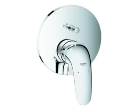 GROHE Eurostyle Solid 1-grebs forplade til Smartbox i krom med blank overflade og runde former. Viser grebet med mærkelogo og markeringer for varmt og koldt vand.