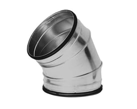 Detalje af Lindab Safe BFU bøjning, 45°, 500mm, viser den solide galvaniserede stålkonstruktion og tætningsring.