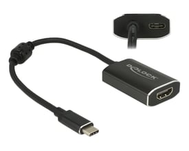 Sort DeLOCK USB-C til HDMI-adapter med kort kabel, USB-C-hanstik og HDMI-hunstik, vist fra flere vinkler.