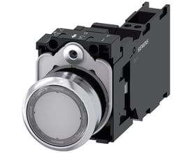Siemens oplyst trykknap med 22 mm diameter, skinnende metal og klar flad knap med 1NO 1NC kontakter og integreret LED.