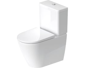 Hvidt Duravit D-Neo toilet med lukket kumme og cisterne, vist fra skrå forside mod hvid baggrund.
