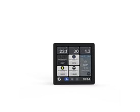 Shelly Wall Display X1i er en sort 4-tommers Wi-Fi-touchskærm med overblik over temperatur, luftfugtighed, strømforbrug og smart home-enheder.