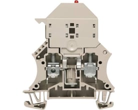 Weidmüller sikringsklemme WSI 6/LD, beige, med synlige skrueterminaler og indvendige komponenter, monteret på hvid baggrund.