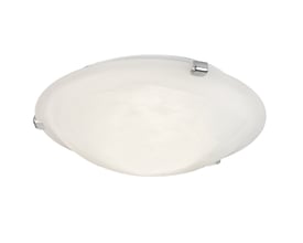 Nordlux Petri plafond med rund, alabast-hvid glasskærm og detaljer i børstet stål.