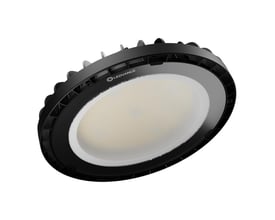 Ledvance High Bay Compact er et rundt, sort højbayarmatur med stor opalhvid lysflade, set skråt forfra.