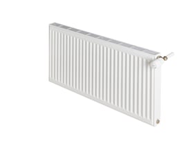 Stelrad Compact All In Type 11 radiator, hvid, 300 mm høj og 800 mm lang, med termostat monteret på højre side.