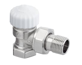 IMI Calypso exact DN10 vinkel termostatventil, set fra siden, med forniklet messingkrop og 3/8" gevindtilslutning.