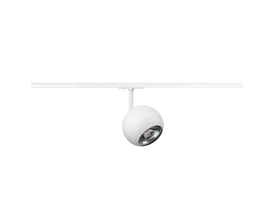 SLV LIGHT EYE 150 1F spot i mat hvid med guldfarvet ring, vist på en hvid skinne med hvid baggrund.