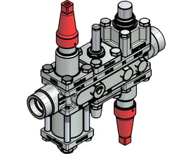 Danfoss ICF 20-6-5MB ventilstation med 25 mm svejsestuds og stålhus, vist i 3D-perspektiv med røde beskyttelseshætter.