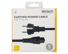 Deltaco strømkabelpakke med CEE 7/7 til C5 stik og 1,5m længde i sort.