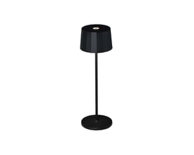 Sort Konstsmide Positano bordlampe på 35 cm med integreret LED, vist med en slank stang og rund base på hvid baggrund.