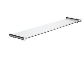 Pressalit glashylde på 58,8 x 13,5 cm med poleret rustfrit stål og matteret glas, vist på hvid baggrund.