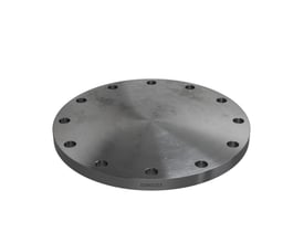 Indura blindflange med 12 bolthuller, DN300 og PN16, set fra siden med fokus på materiale og logo.