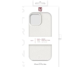 Urban Armor Gear Dot Cover til iPhone 13 Pro Max i marshmallow-farve, vist i sin originale emballage med information om drop protection.