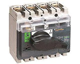 Schneider Electric 4-polet lastafbryder INV250 250A med sort drejegreb, designet til AC og DC netværk.