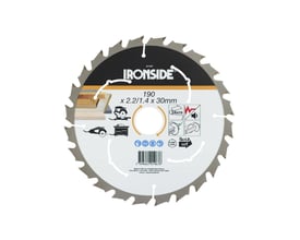 Ironside rundsavklinge til træ med 24 tænder, 190 mm diameter og 30 mm huldiameter, vist forfra med mærkning.