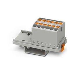 Phoenix Contact Ptfix 12X2,5-NS35 GY terminal block in gray with orange levers, mounted on a rail adapter.