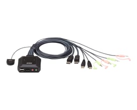 Sort ATEN KVM-switch CS22DP-AT til to computere med tilsluttede kabler, DisplayPort- og USB-stik samt portvælger.