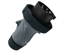Mennekes CEE PowerTOP Xtra R-stikprop med sort og gråt hus, vist skråt med synlige kontakter; 32 A og 5-polet.