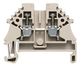 Detaljebillede af Weidmüller WDU 2.5 N ZQV Compact rækkeklemme, viser skrueterminaler og TS 35 skinne montering.