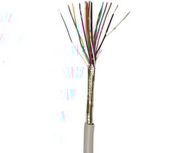 Signalkabel JEY(ST)Y 8X2X0,8 med 8 pars snoede ledere, 0,8 mm tykkelse, viste med afisoleret ende og skærm.