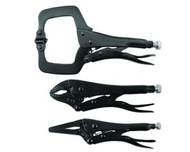 Diesella svejsetænger i sæt med 3 dele: C-klemme, tang med buede kæber og tang med lange, lige kæber, alle sorte.