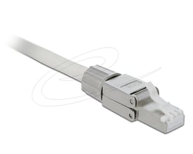 DeLock RJ45-stik til Cat.6 med STP-afskærmning og værktøjsfri tilslutning, vist med hvidt kabel.