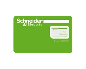Schneider Electric memory card til servodrev, reference VW3 M8 704, med felter til maskine, enhedsfunktion og version.