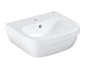 Grohe Euro Keramik håndvask i hvid porcelæn, 45 cm bred, designet til vægmontering med hanehul og overløb.
