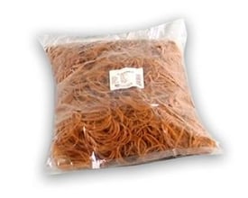 Roliba gummibånd nr. 20 i brun farve, 1,7x100mm, leveres i en 1000g pose med gennemsigtigt plastik.