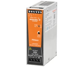 Weidmüller Pro Eco strømforsyning 120W 12VDC 10A, med orange frontpanel og metalkabinet, set fra siden.