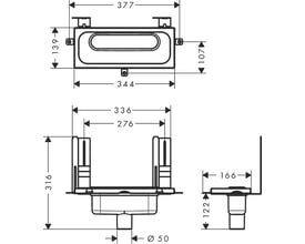 Teknisk tegning af Hansgrohe uBox indbygningsdel, lodret udløb Ø50 mm, med alle dimensioner angivet.
