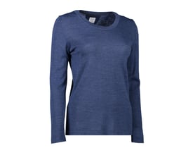 Dame pullover i blå melange, 2XL, med rund hals og lange ærmer, vist forfra.