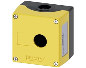 Gul Siemens nødstopkasse 3SU1 med et enkelt hul til 22mm betjeningsenheder og tydeligt Siemens logo.