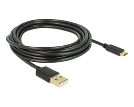 Sort Delock USB 2.0-kabel på 3 meter, oprullet med Type-A- og Type-C-stik synlige i hver sin ende.