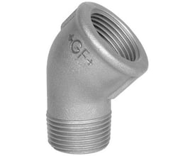 Georg Fischer galvaniseret vinkel 45 grader i blødstøbt støbejern med 3/8" indvendigt muffegevind og 3/8" udvendigt nippelgevind.