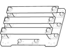 Teknisk illustration af Fibox Trafofelt Solid TF304, der viser de tre kobberterminaler og monteringsdetaljer.