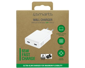 Emballagen til 4smarts PDPlug Slim Dual, en hvid GaN-vægoplader på 65 W med to USB-C-porte.