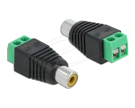 DeLock-adapter med RCA-hun til 2-polet terminalblok, vist fra to vinkler med gul RCA-indgang og grøn klemme.