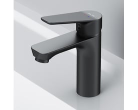 AM.PM Hit et-grebs håndvaskarmatur i sort messing med blank overflade, set forfra.