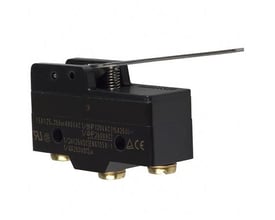 Omron mekanisk endestop i sort plastik med sølvfarvet hængsel løftestang på en hvid baggrund.