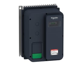 Schneider Electric ATV320 frekvensomformer 1,5kW IP66, viser detaljeret frontpanel med display, grøn betjeningsknap og advarselsmærkat.