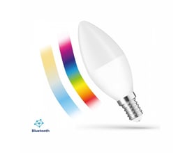 SpectrumLED smart LED-kertepære med E14-fatning, hvidt kerteformet hus og farvestrøg, der viser RGB-lys og Bluetooth.