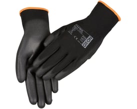 OX-ON Flexible Basic 1000 montagehandsker i sort med orange kant, viser CE-mærke og produktinformation.