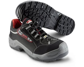 Sika Footwear sikkerhedssko model 728551 Senex AL ESD S3, str. 38, sort med grå detaljer og rød krave.