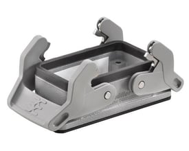 Weidmüller HDC 10B ABU N chassishus i størrelse 4 med 2 låsebøjler og IP65-beskyttelse, vist på en hvid baggrund.