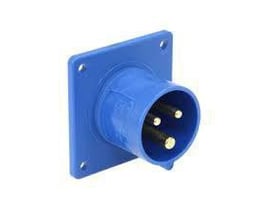 PC Electric CEE apparatstik med flange i blå, 3 polet, 16A og 230V, med IP44 klassificering og synlige kontaktstifter.